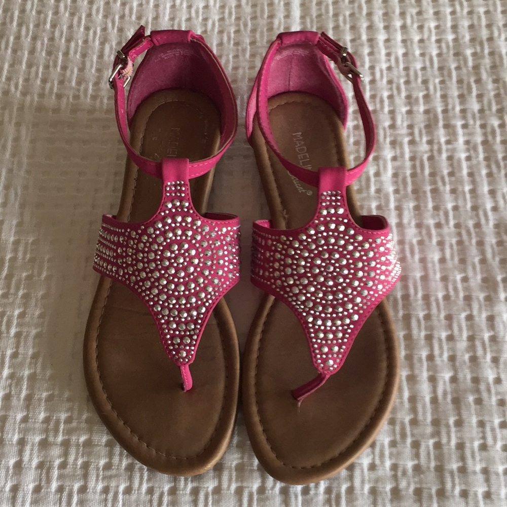 Pink and silver studded suede like flats sandals